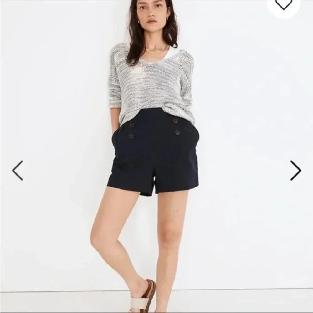 Madewell Women Shorts Sz S Dark Blue High Rise Pull On Sailor Button Hemp Cotton